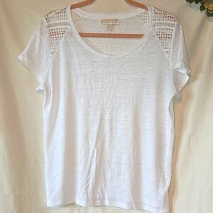 Michael Kors Large White Short Sleeve T-Shirt with Lace Shoulders